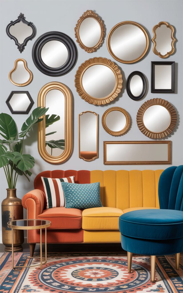 Gallery wall featuring various decorative mirrors in different shapes with gold brass and black frames