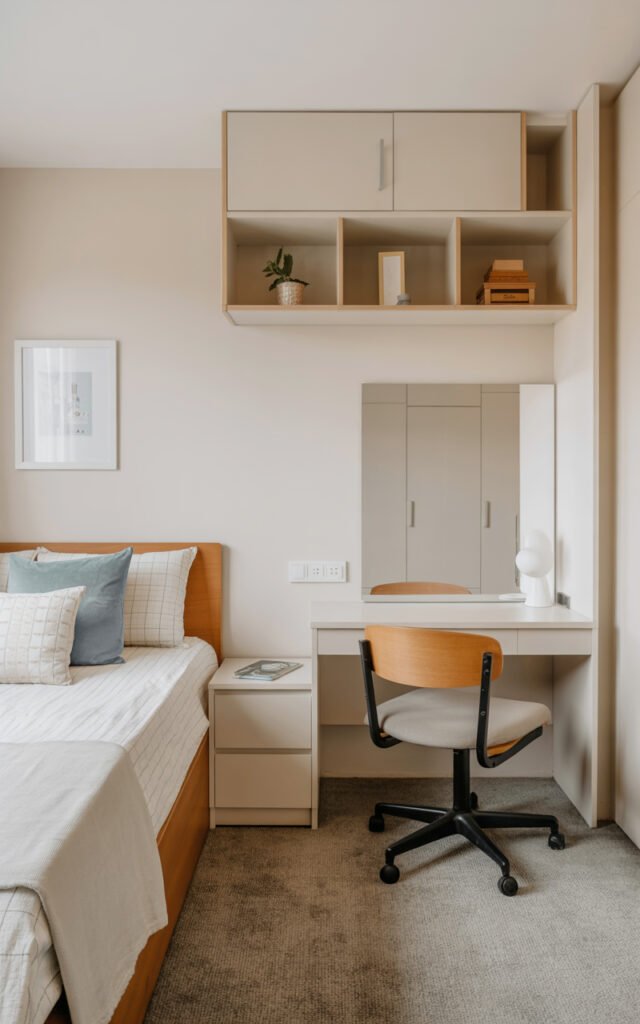 Small dorm room with efficient furniture placement showing how to maximize tiny student space