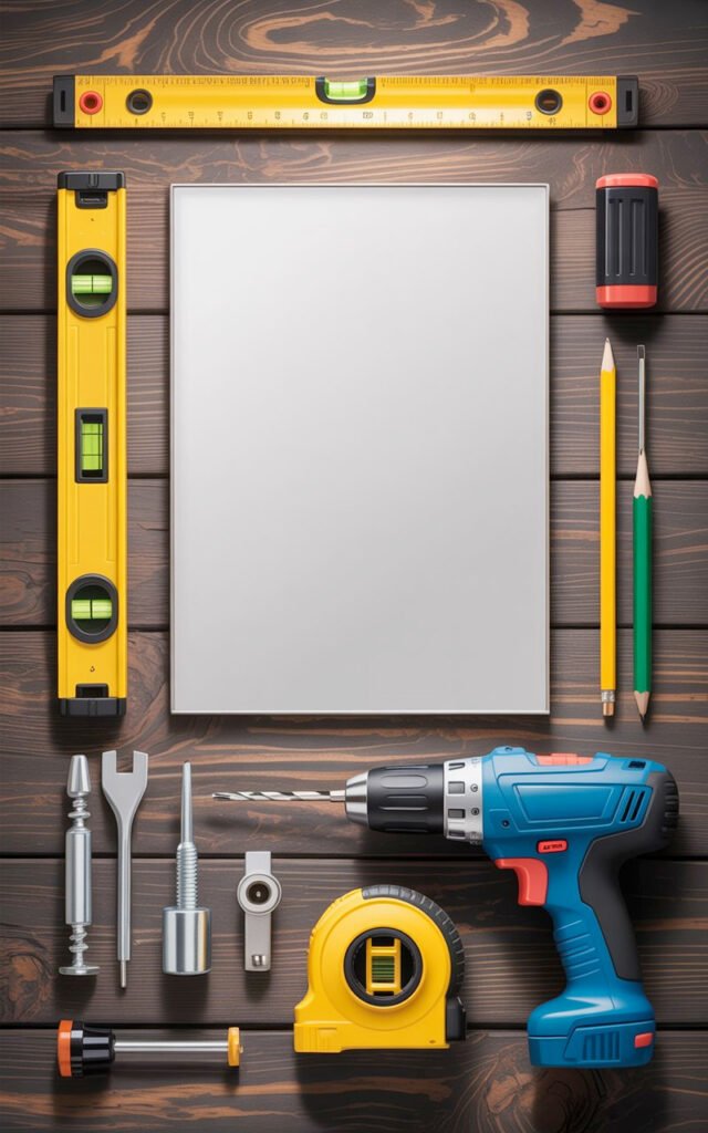  Installation tools including level measuring tape wall anchors and drill for mirror hanging project