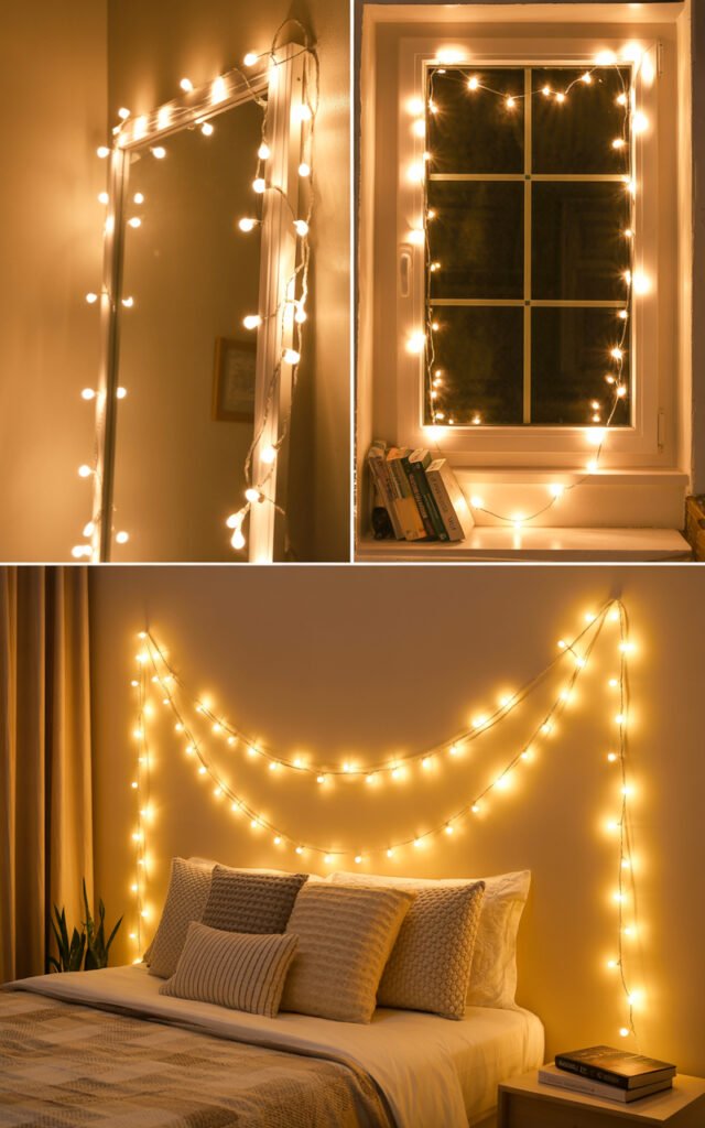 Warm white fairy lights around mirror and window creating cozy dorm room lighting