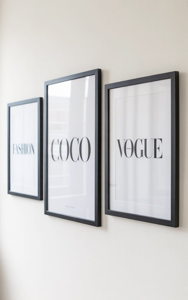 FASHION and COCO text prints in black frames creating editorial teen bedroom wall art
