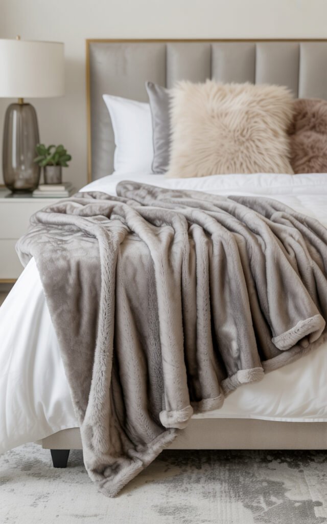 Faux fur throw blanket draped on bed adding cozy luxurious texture to bedroom