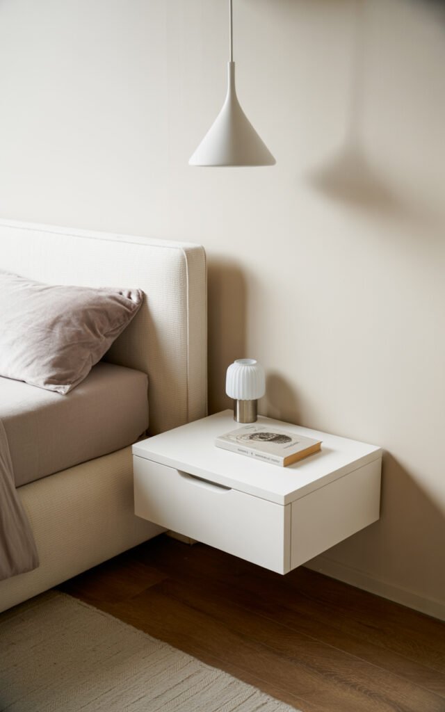 Wall mounted floating white nightstand beside bed saving floor space in compact bedroom