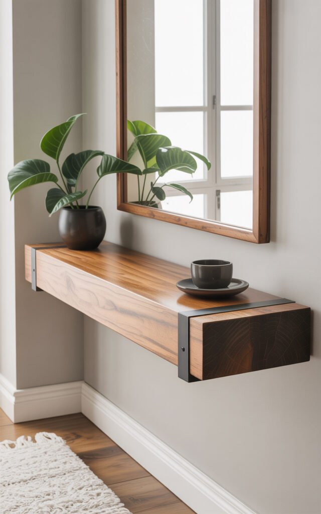 Floating wooden console table mounted to wall with hidden brackets in modern hallway
