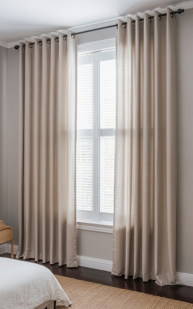 Floor length neutral linen curtains mounted near ceiling showing simple modern window treatment
