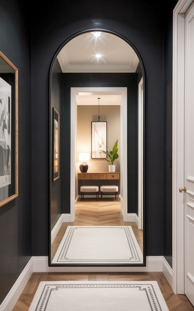 Tall arched black framed mirror in dark hallway doubling space visually and reflecting light