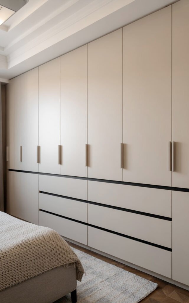 White built in dresser wall with multiple drawers from floor to ceiling maximizing storage