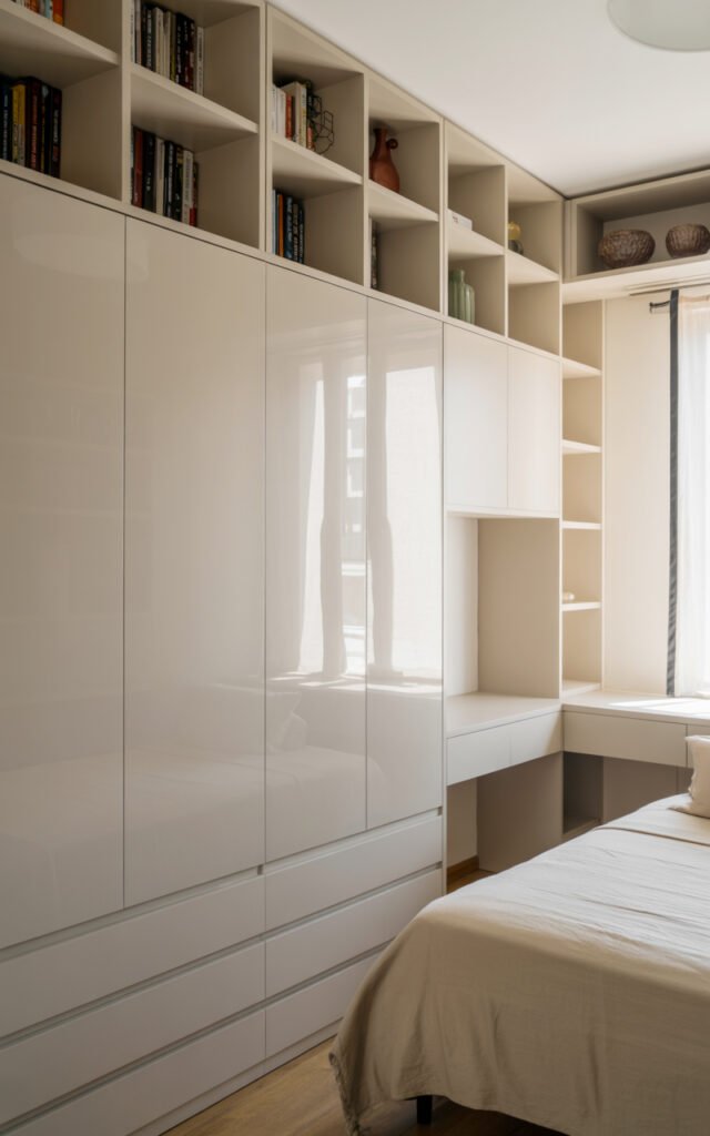 Small bedroom with white built in wall maximizing vertical storage in limited space