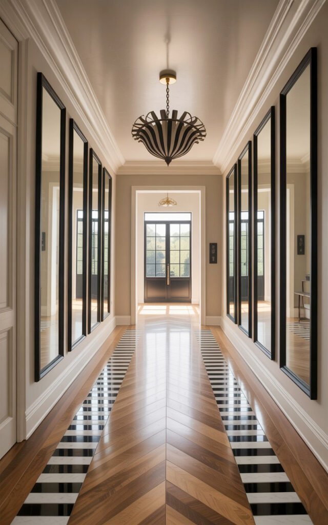 Large scale floor to ceiling black framed mirror installation in wide modern hallway