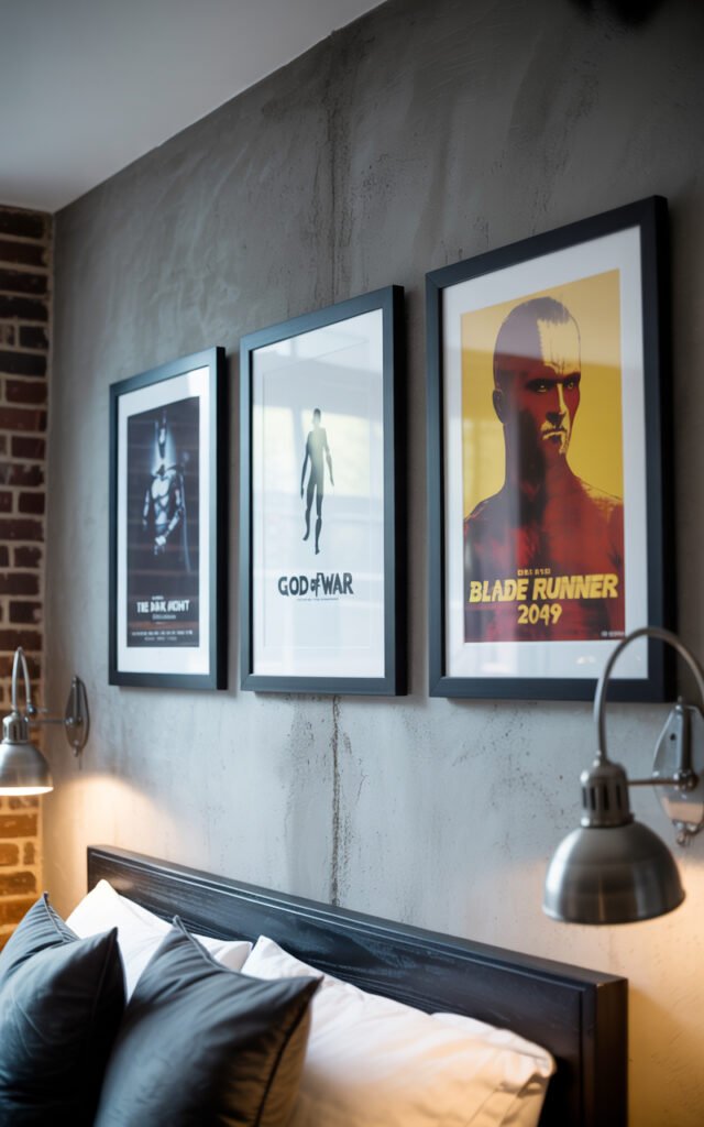 Black framed artwork mounted on concrete wall showing minimal masculine bedroom decoration