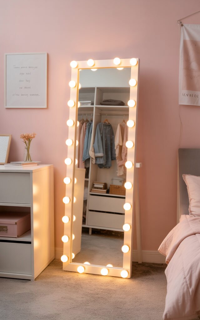 Full length mirror with warm fairy lights creating glow and making small room feel larger