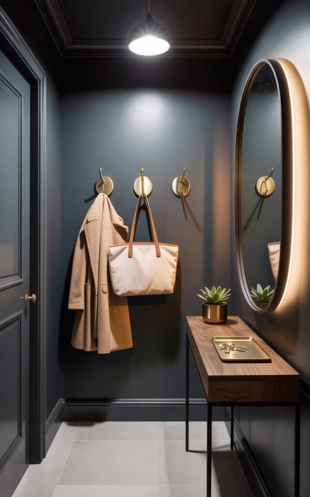 Dark hallway with wall hooks console table key tray and mirror showing practical functional design