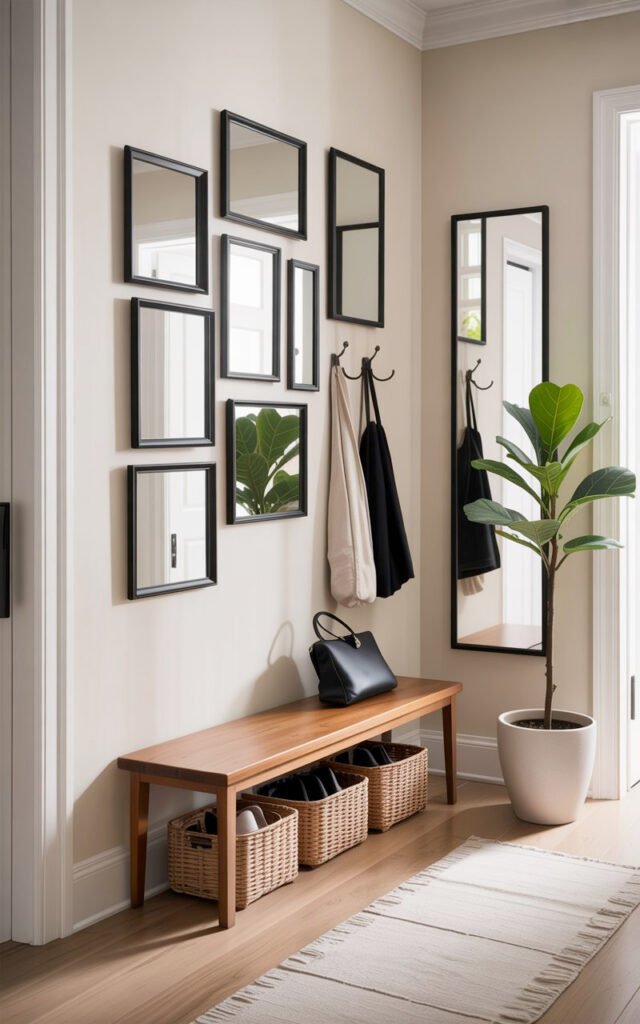 Mirror wall in entryway with bench storage hooks and full length mirror for functional design