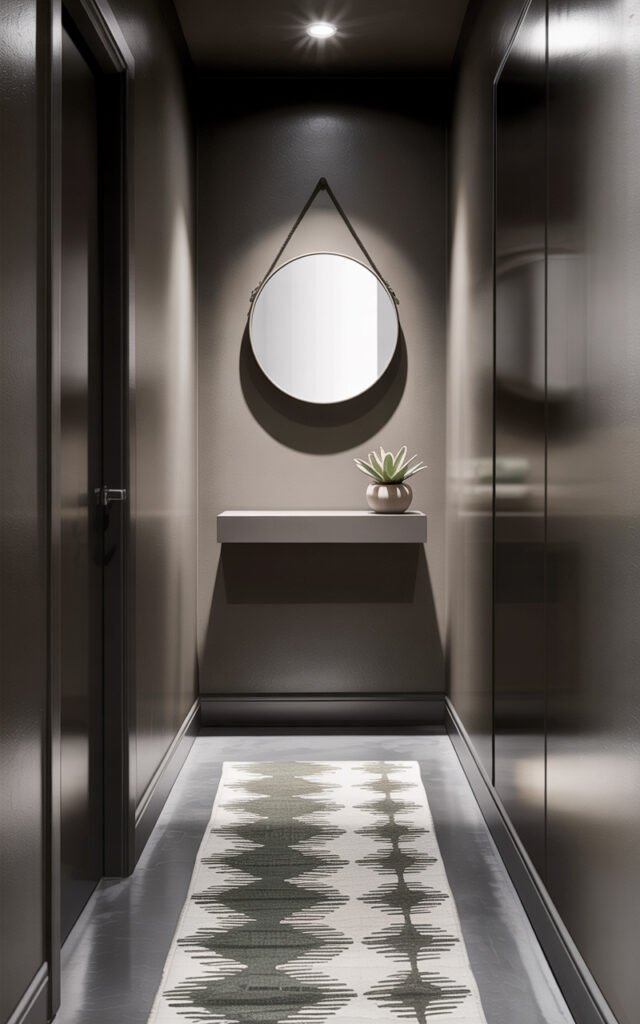 Dark narrow hallway with wall mounted mirror and no floor furniture showing uncluttered design