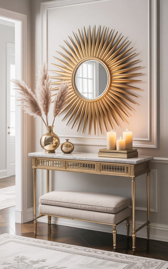 Gold sunburst mirror with radiating metal spokes mounted above white console table in bright entryway