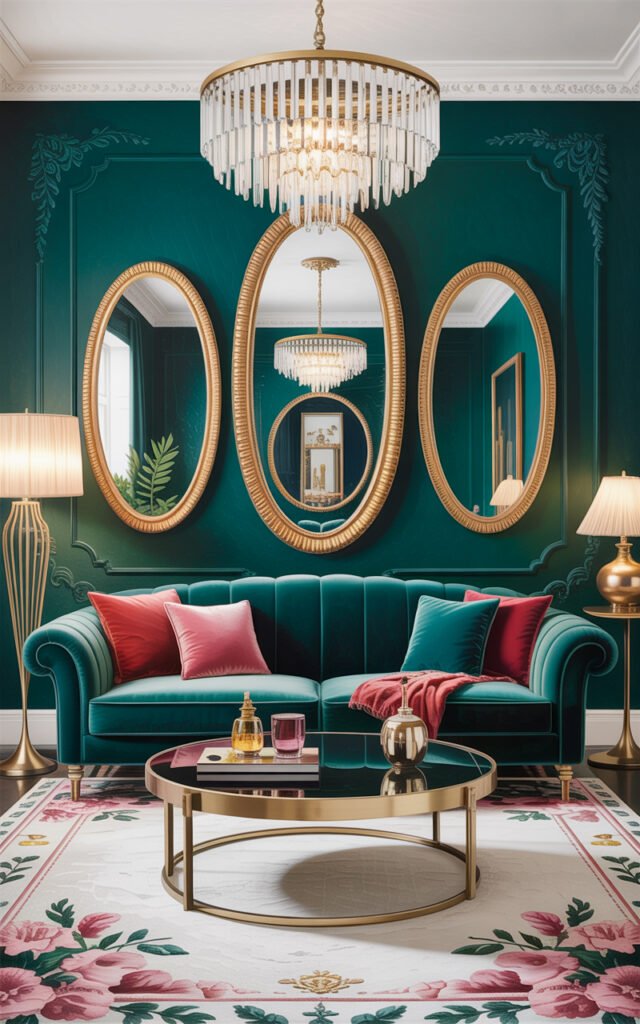 Oval gold mirrors in glamorous living room with green velvet sofa and crystal chandelier