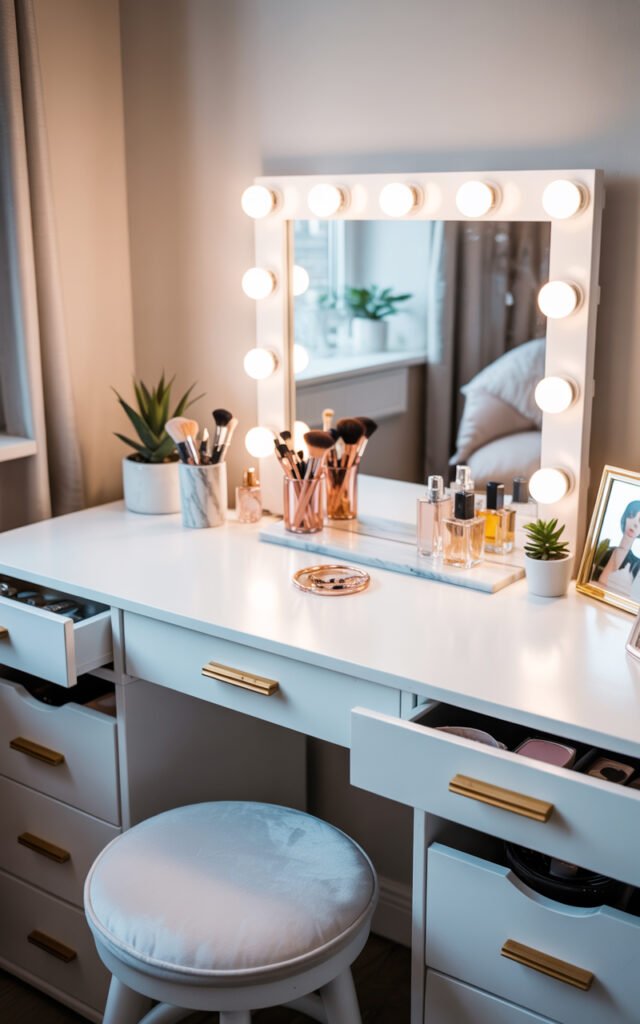 White vanity desk with lighted mirror and organized beauty products in glamorous teen bedroom