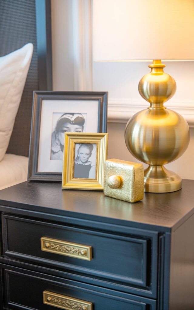 Gold lamp bases and black picture frames showing metallic accent coordination