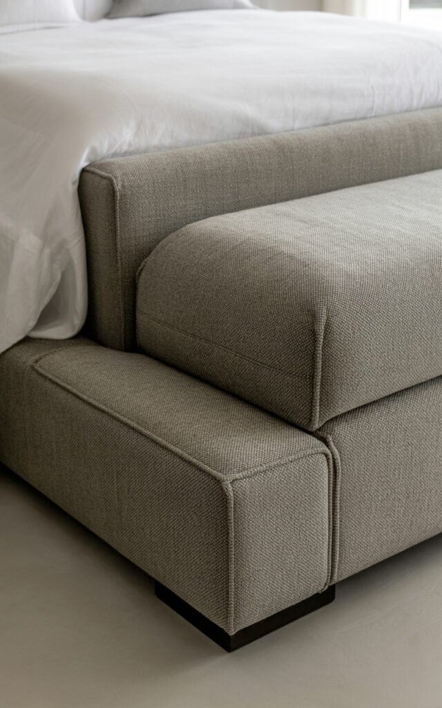 Low profile gray upholstered bench at bed foot matching headboard in modern bedroom