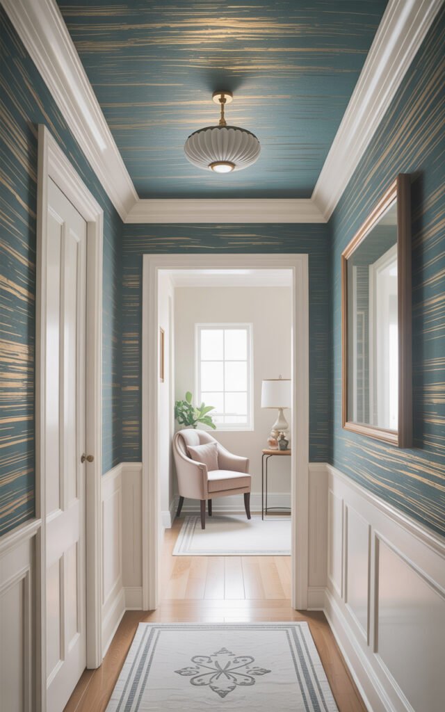 Hallway ceiling with metallic grasscloth wallpaper creating unexpected elegant detail