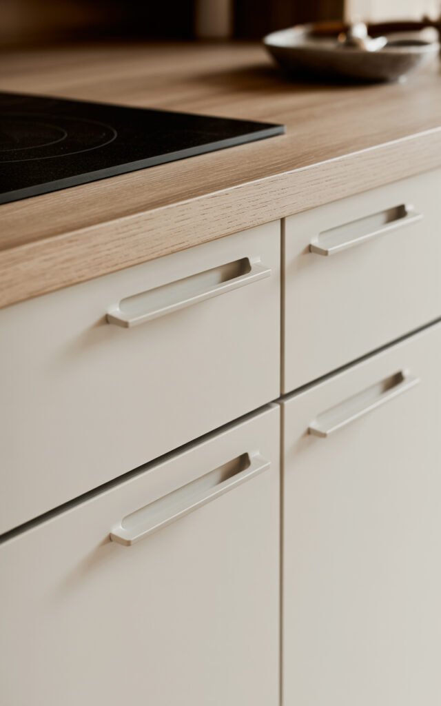 Clean handleless white cabinets with finger pull recesses showing modern seamless design