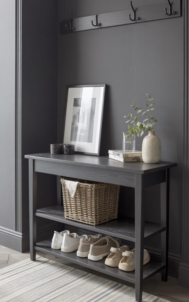 Black console with basket storage and wall hooks providing hidden storage in monochrome entryway