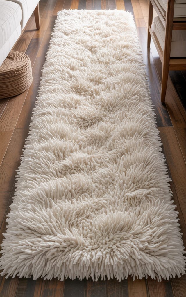 Close-up of chunky high pile cream textured runner rug on wood hallway floor