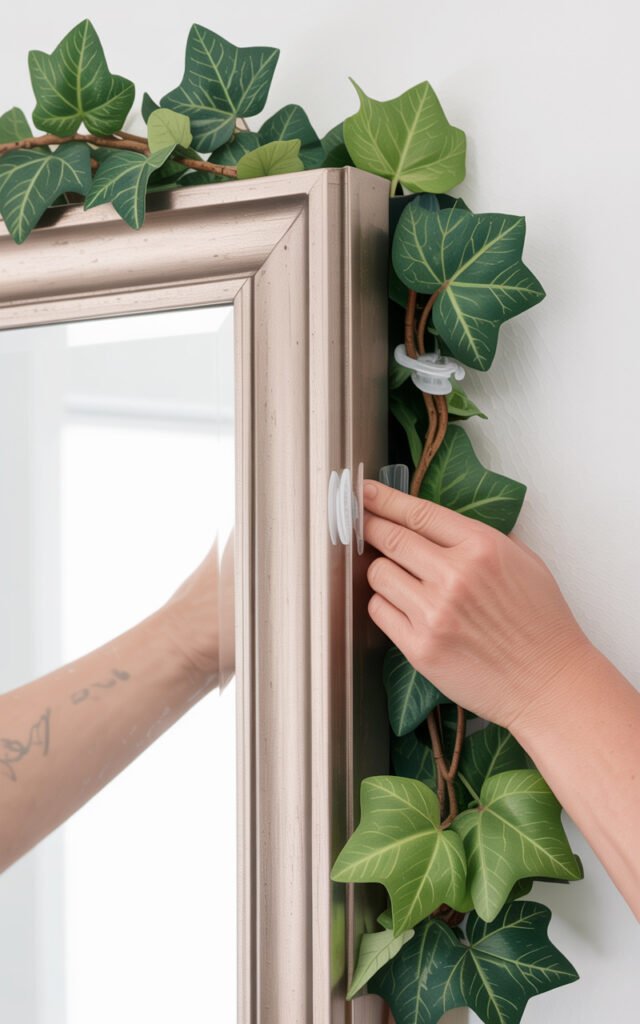 Detailed close-up of greenery being secured to mirror frame using clear adhesive hooks