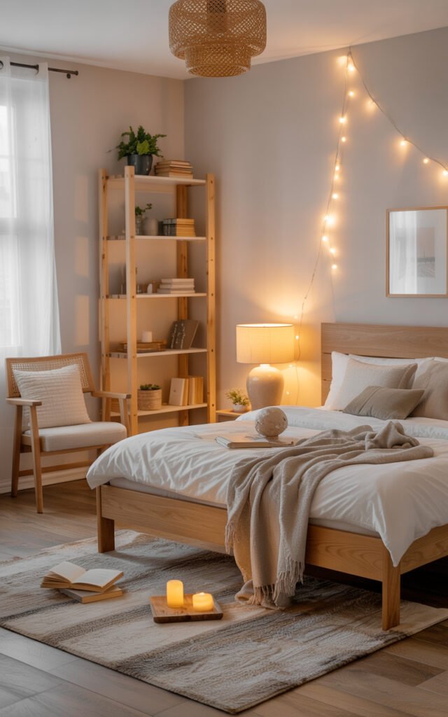 Scandinavian hygge bedroom with warm lighting natural wood and cozy textiles creating comfort sanctuary
