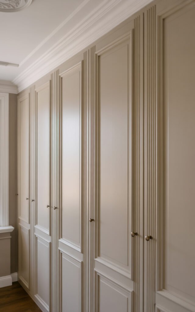 IKEA PAX wardrobe with trim and molding looking like expensive custom built ins