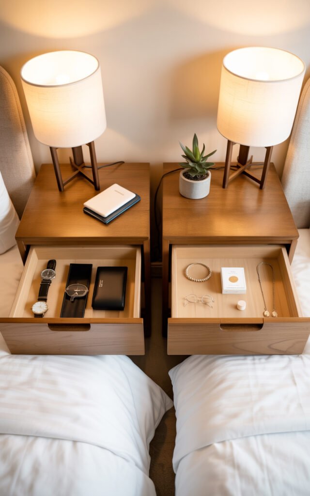 Two nightstands with personal storage showing fair organization in couple bedroom design