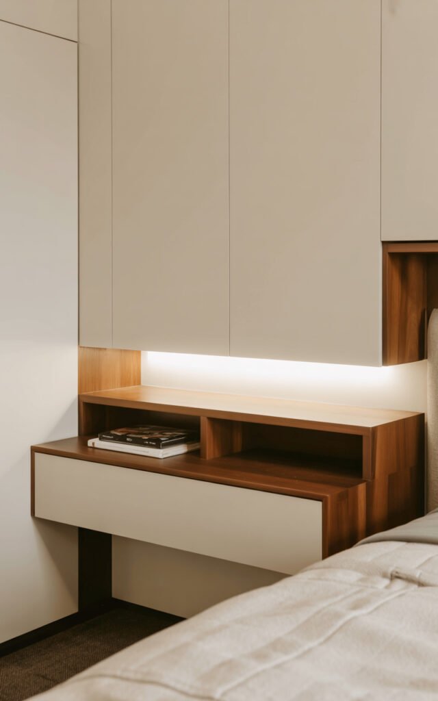 Built in floating nightstand integrated into bedroom wall system replacing freestanding furniture
