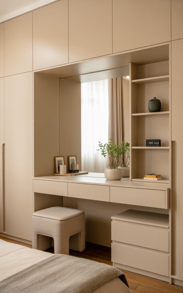 Floating counter dressing table built into wall with integrated drawer storage underneath