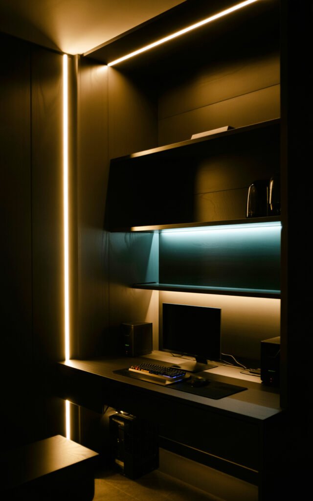 LED strip lights behind desk creating ambient accent lighting in dark masculine bedroom