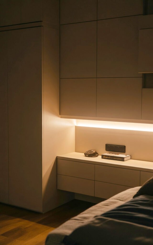 Close up of LED strip lighting in built in furniture creating warm ambient glow