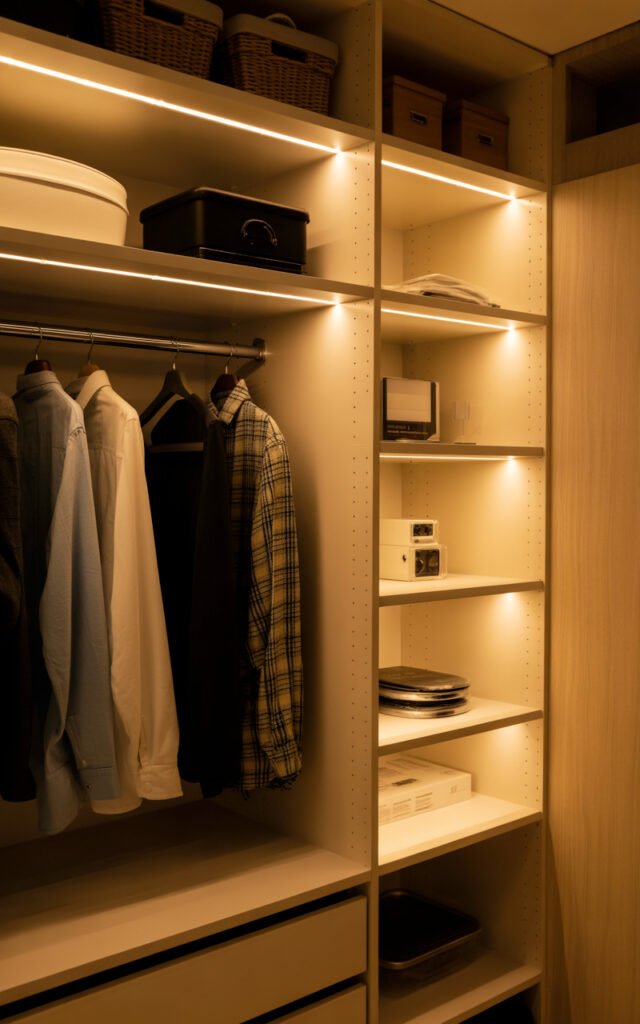 Warm LED strip lights under closet shelves illuminating clothes and creating ambient bedroom lighting
