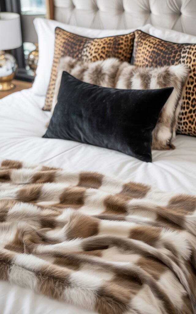 Close-up of layered bedding with white duvet leopard pillows and faux fur throw