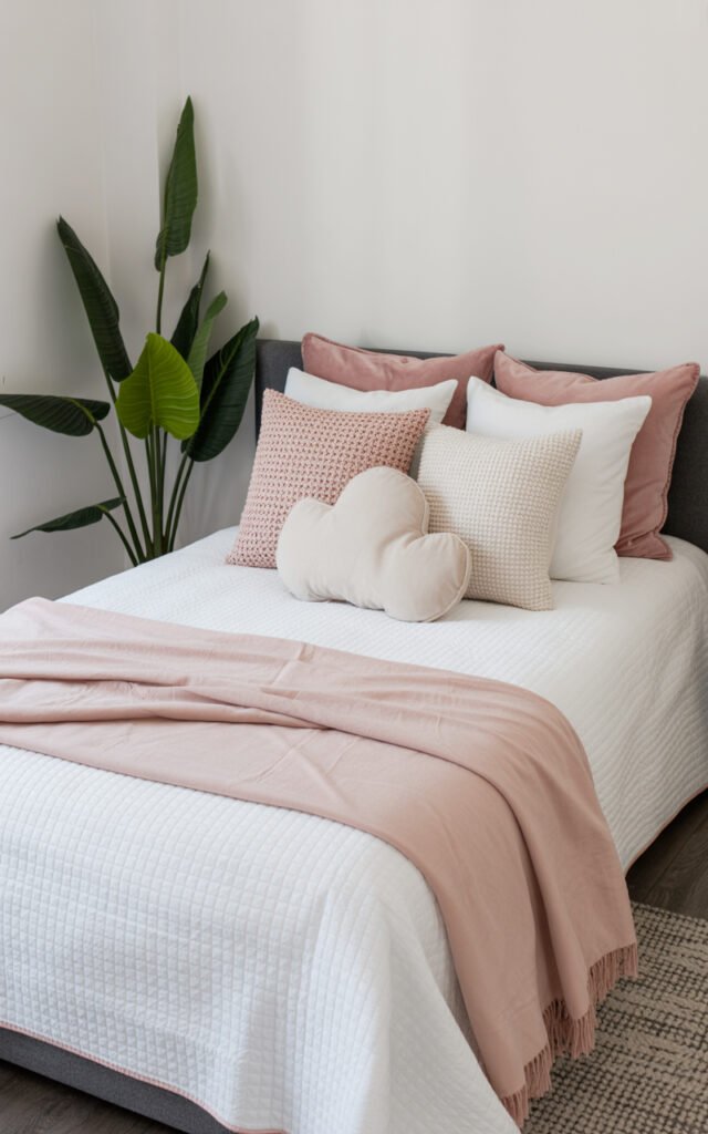 Dorm bed with white duvet pink throw and cloud pillow showing pretty layered bedding