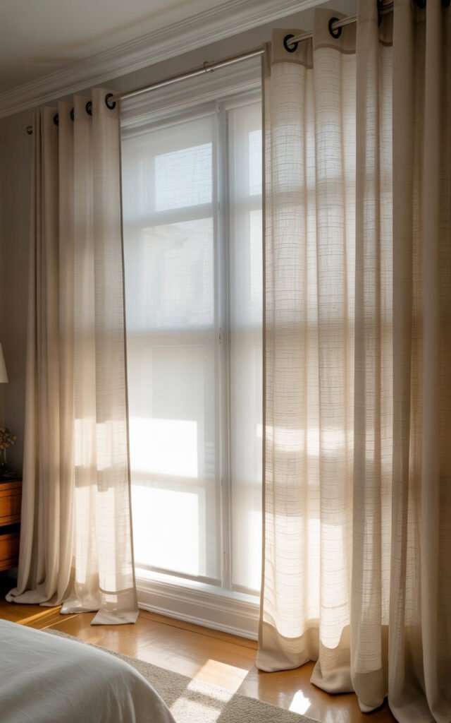Bedroom window with sheer linen curtains and blackout shades providing both beauty and function