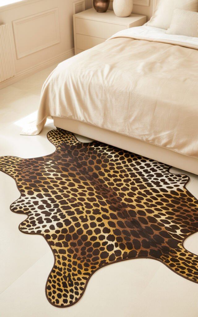 Leopard print area rug under bed adding bold glamorous accent to neutral bedroom