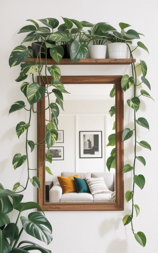 Real pothos plant on shelf with vines trailing down naturally over mirror creating green frame