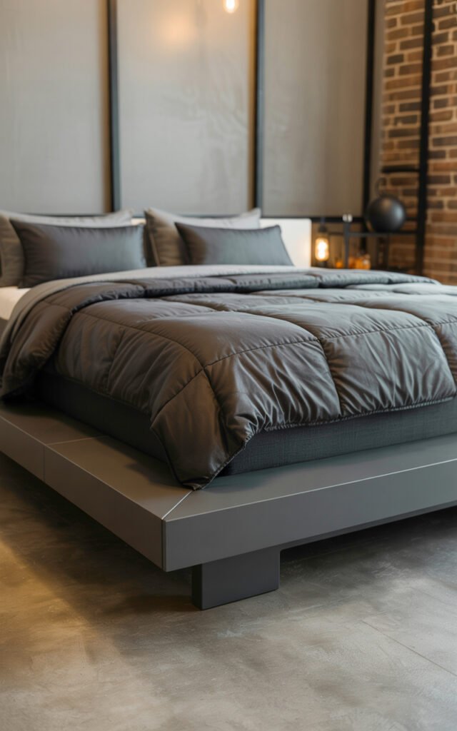 Modern platform bed with dark bedding showing low profile space saving design