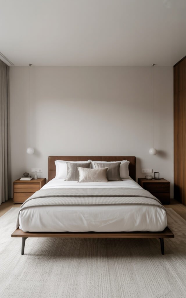 Ultra minimal modern bedroom with essential furniture only showing clean uncluttered design
