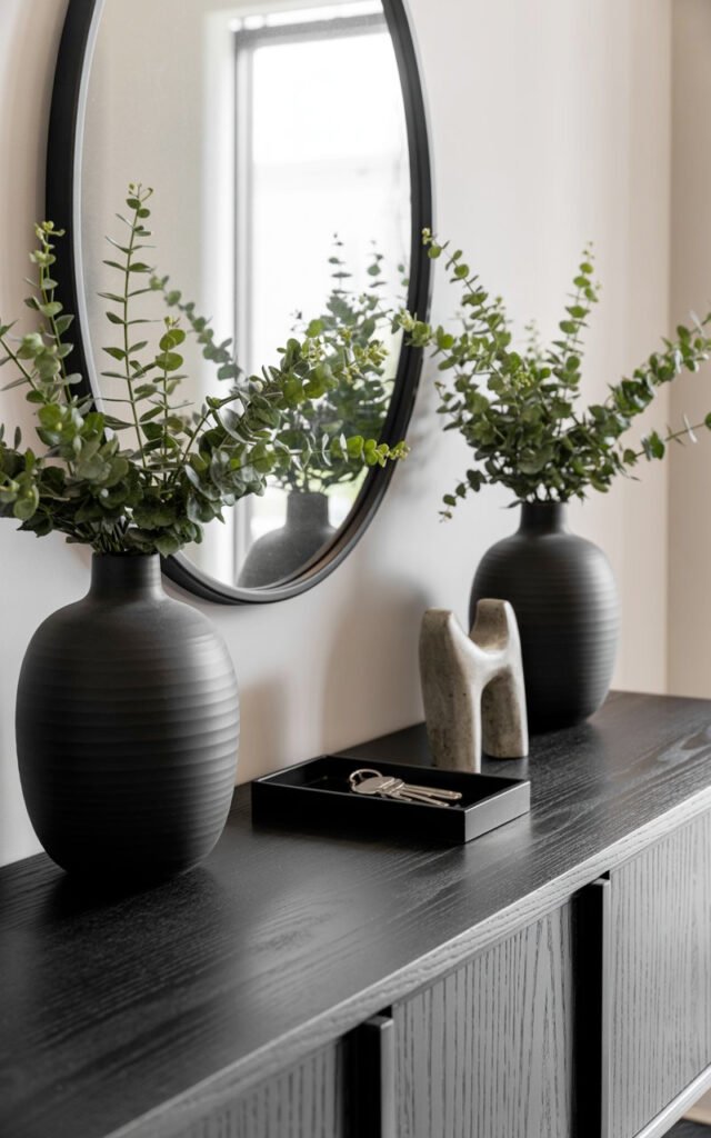 Black console table styled with two matching planters and minimal black and white decor
