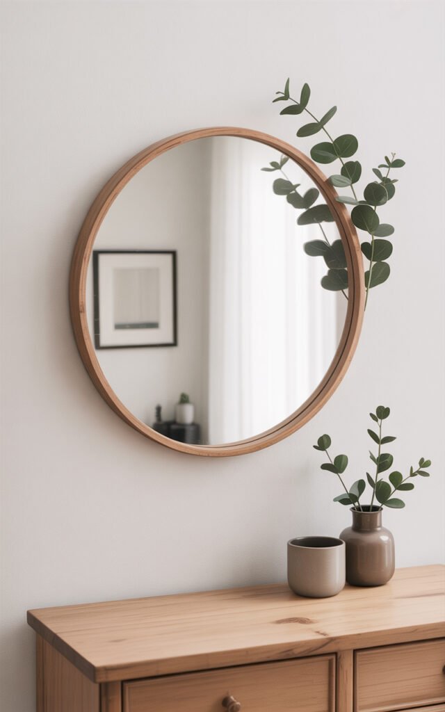 Round bedroom mirror with minimal eucalyptus stems tucked into frame corner