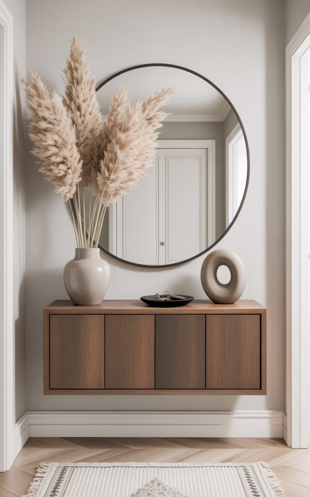 Floating console table styled with pampas grass vase and minimal decorative objects