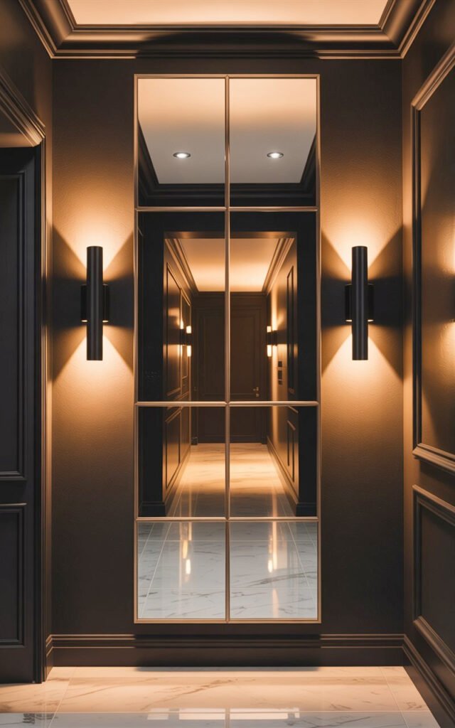 Black framed mirror wall with wall sconces on sides creating warm reflected lighting