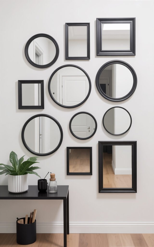 Gallery wall combining round LINDBYN and square LOTS black framed mirrors in modern arrangement