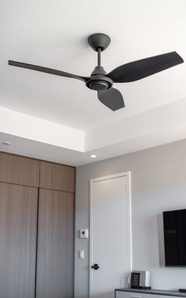Contemporary black ceiling fan with simple blades showing modern functional bedroom cooling