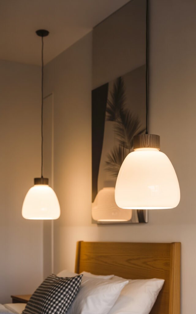 White glass pendant lights hanging beside bed providing modern bedside task lighting